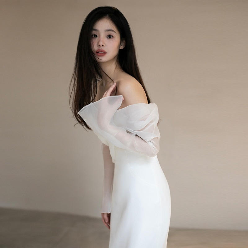 韓国新作追加!!! 結婚式 フランスドレス ワンピース ワンショルダー サテン ウエディングドレス 花嫁 披露宴 二次会 謝恩会 発表会 演奏会 女子会