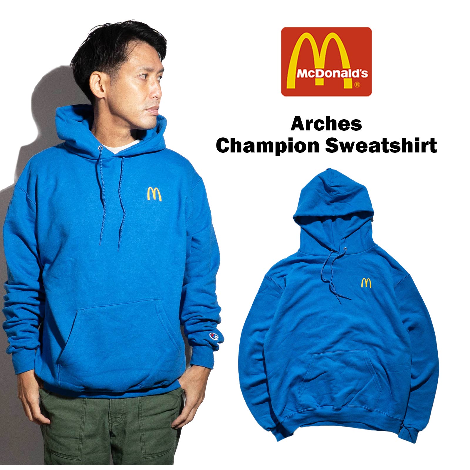 マクドナルド アーチロゴ チャンピオンボディ スウェットシャツ ブルー メンズ S-XXL マック 公認グッズ 買い付け スーベニア パーカー フード