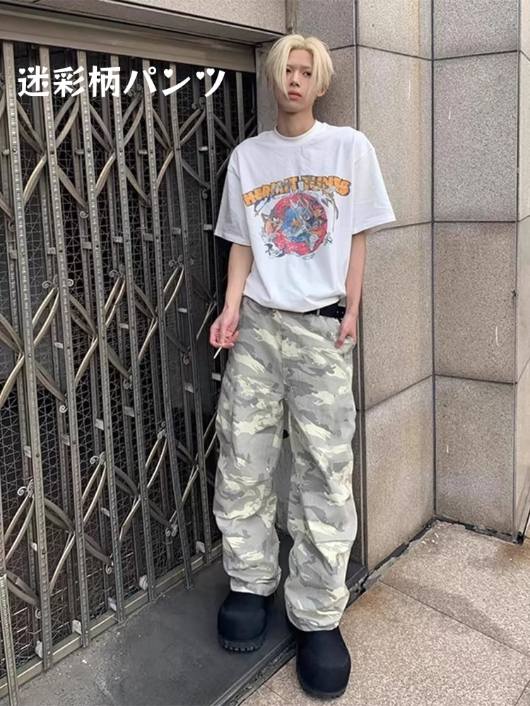通勤する ヴィンテージウォッシュ 迷彩柄 アンビシャス ルーズパンツ デイリー着用