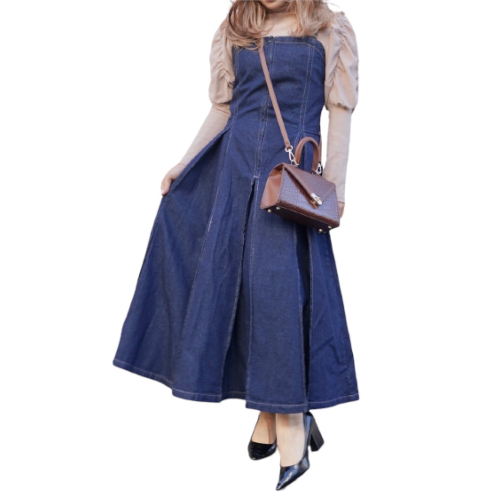 2type Strap Box Pleats Demim Long Onepiece A,D,G レディース