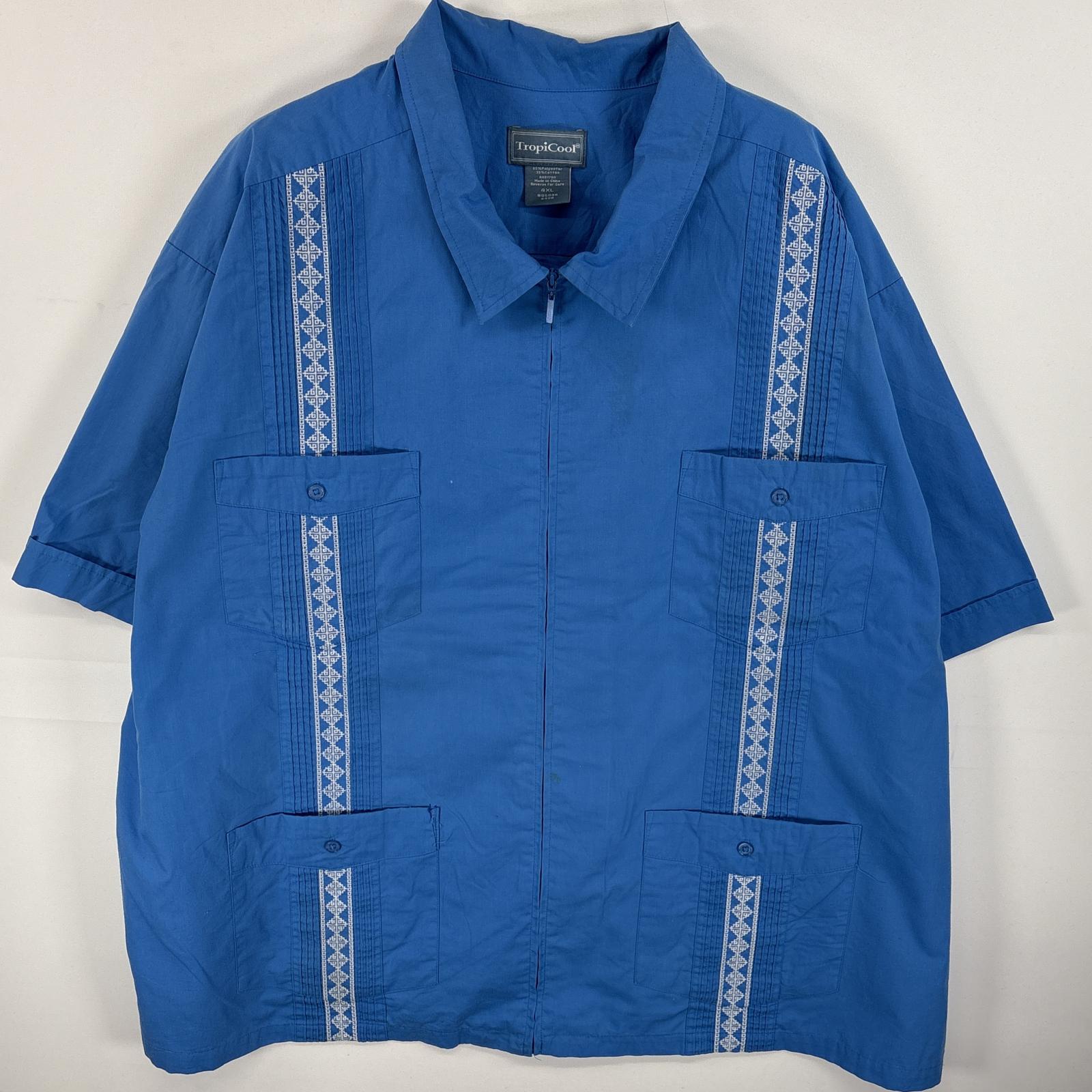 古着 トロピクール TropiCool 半袖シャツ キューバシャツ 4つポケ フルジップ 4XL ブルー 無地 メンズ