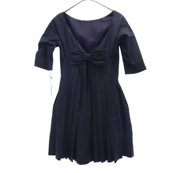 未使用 リネンブレンド 半袖 ワンピース 36 ネイビー レディース