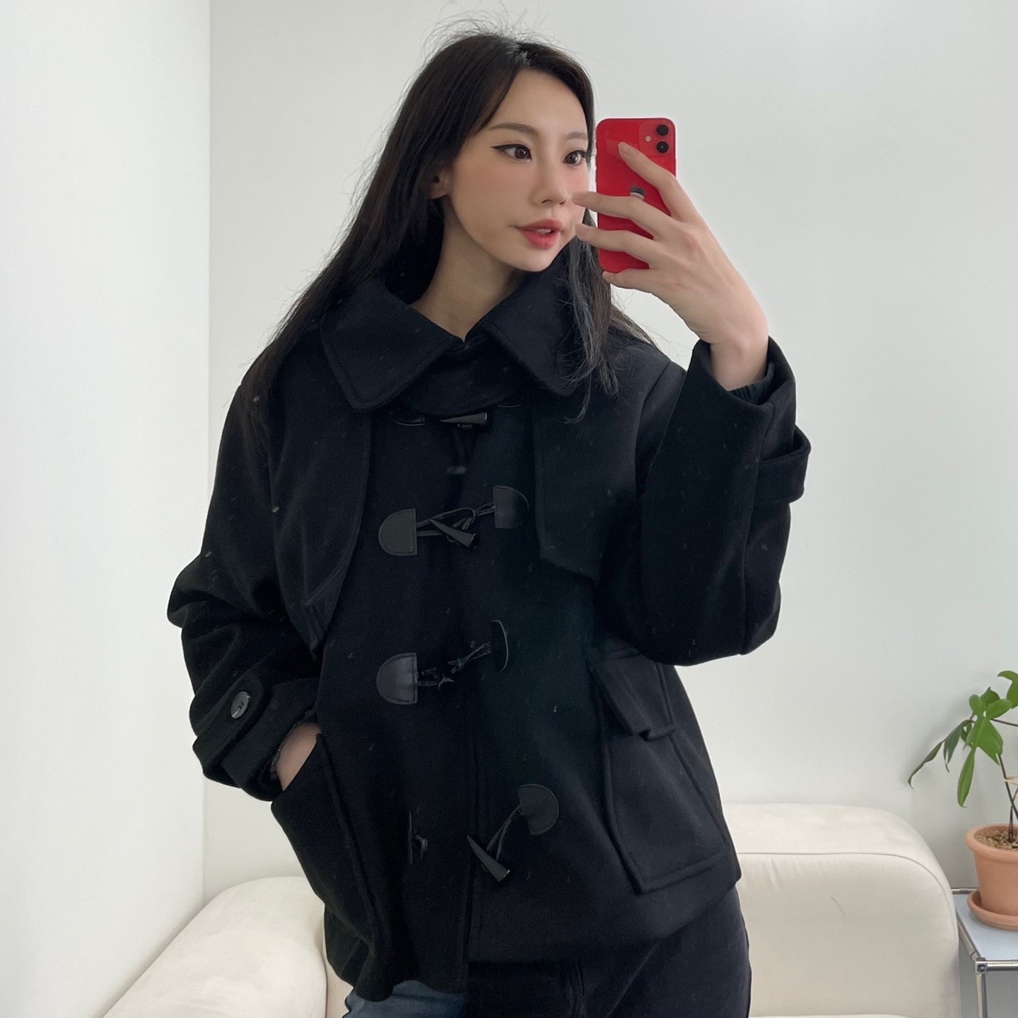 [可愛さ爆発/おすすめ] ビッグ カラー ルーズ ダッフルコート (トッポッキコート!) 2 color / big collar boxy duffle coat 2 color black cha