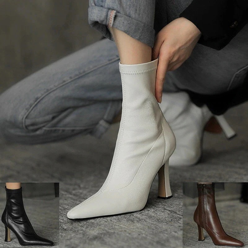 【メガ割 】ハイヒールアンクルショートブーツ 大人気7cmUP 韓国ファッション ポインテッドトゥ ストレッチ