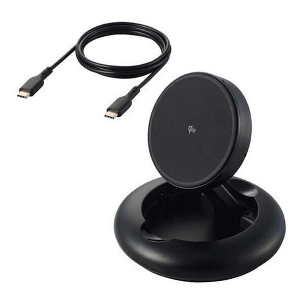 W-MA08BK ブラック ワイヤレス充電器 Qi認証 Qi2対応 15W/7.5W/5W マグネット式 卓上スタンド 2Way ケーブル付属 1m メーカー直送