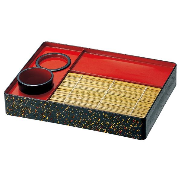 長角ざる/セイロ たたき内朱 本体竹ス汁鉢薬味皿 4点セット 32523760mm 日本製 食洗機可 竹ス不可 和食 店舗