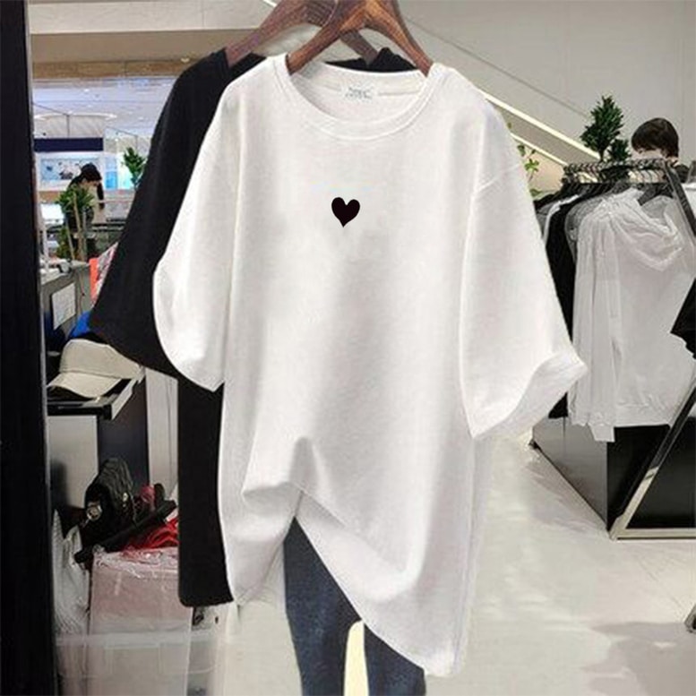 Tシャツ レディース ビッグTシャツ 半袖 ラグランT オーバーシャツ ハート ワンポイント Heart プルオーバー トップス アート プリント ラウンドネック ドロップショルダー ビッグシルエット