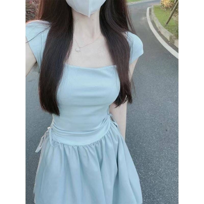 新作入荷 女性ドレスも夏新しい 韓国スタイル ウエスト痩身 ドローストリングサススカート