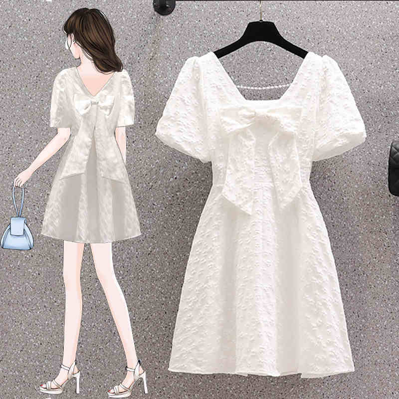 ワンピース 半袖 パフスリーブ スクエアネック ミニ丈 膝上丈 ハイウエスト ウエストマーク Aライン リボン フレア パール ドレス パーティードレス 春 夏 きれいめ オケージョン イベント