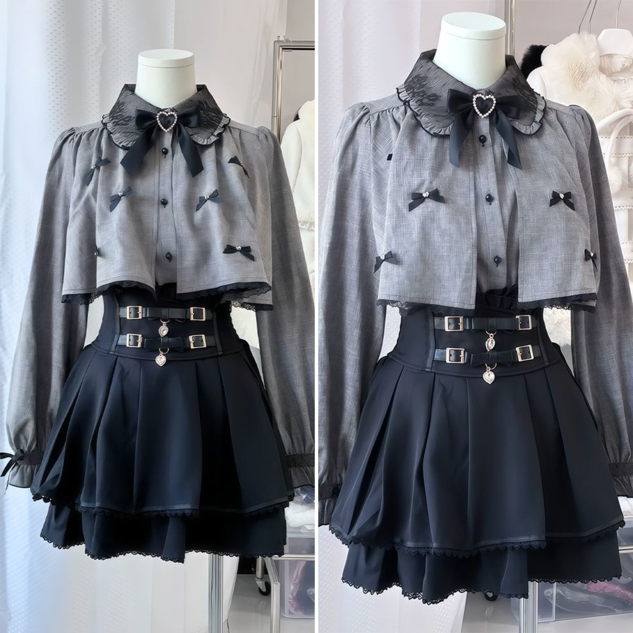 甘い 冬 リボンマントシャツ+黒革ボタンスカート 2ピースセット