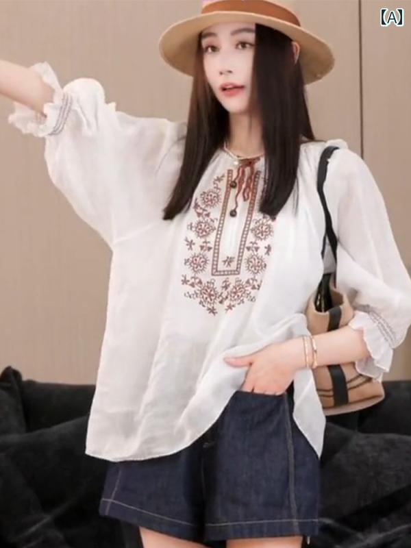 レディース ファッション フランス エスニック 長袖 シャツ 夏 フレッシュ トップススス