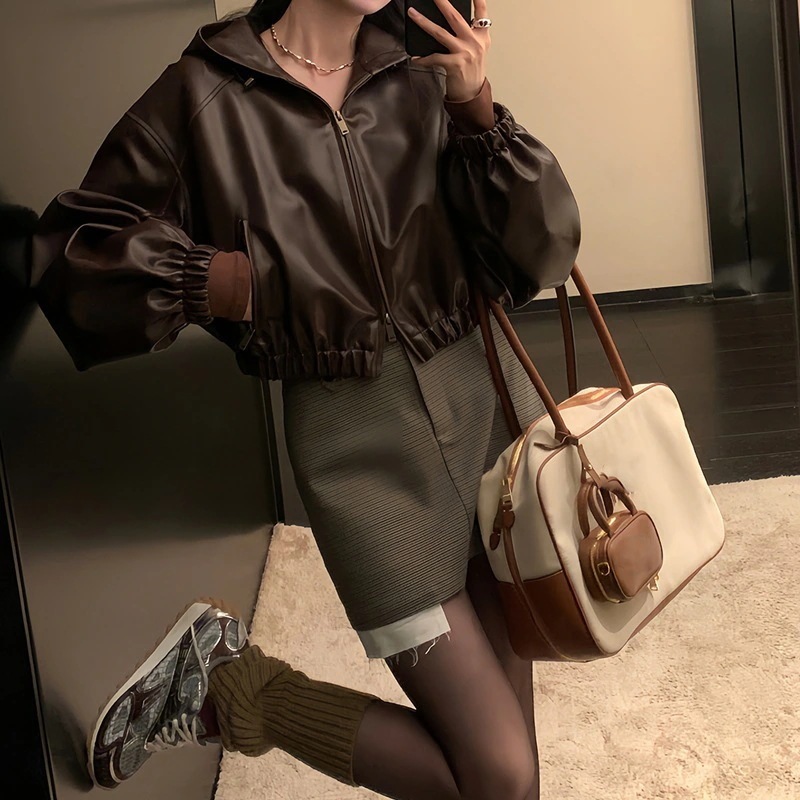 パステルカラーのフードコートレディースアメリカンレトロカジュアルな短機関車ジャケットトップスデザイン感