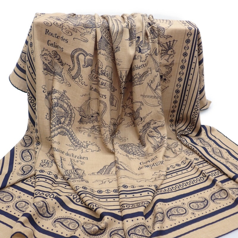 カレジェアン140 船乗りのタトゥー バンダナ スカーフ カシミヤ シルク ベージュ レディース 美品【Aランク】