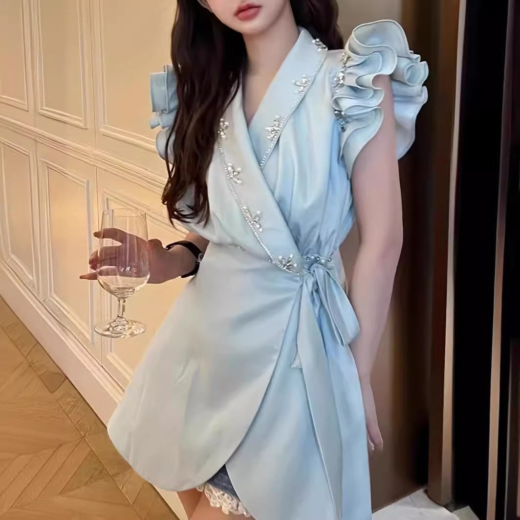 気質と年齢を軽減する女性用りビーズレースアップドレス重工業ビーズ花と蓮葉袖ショートスカート