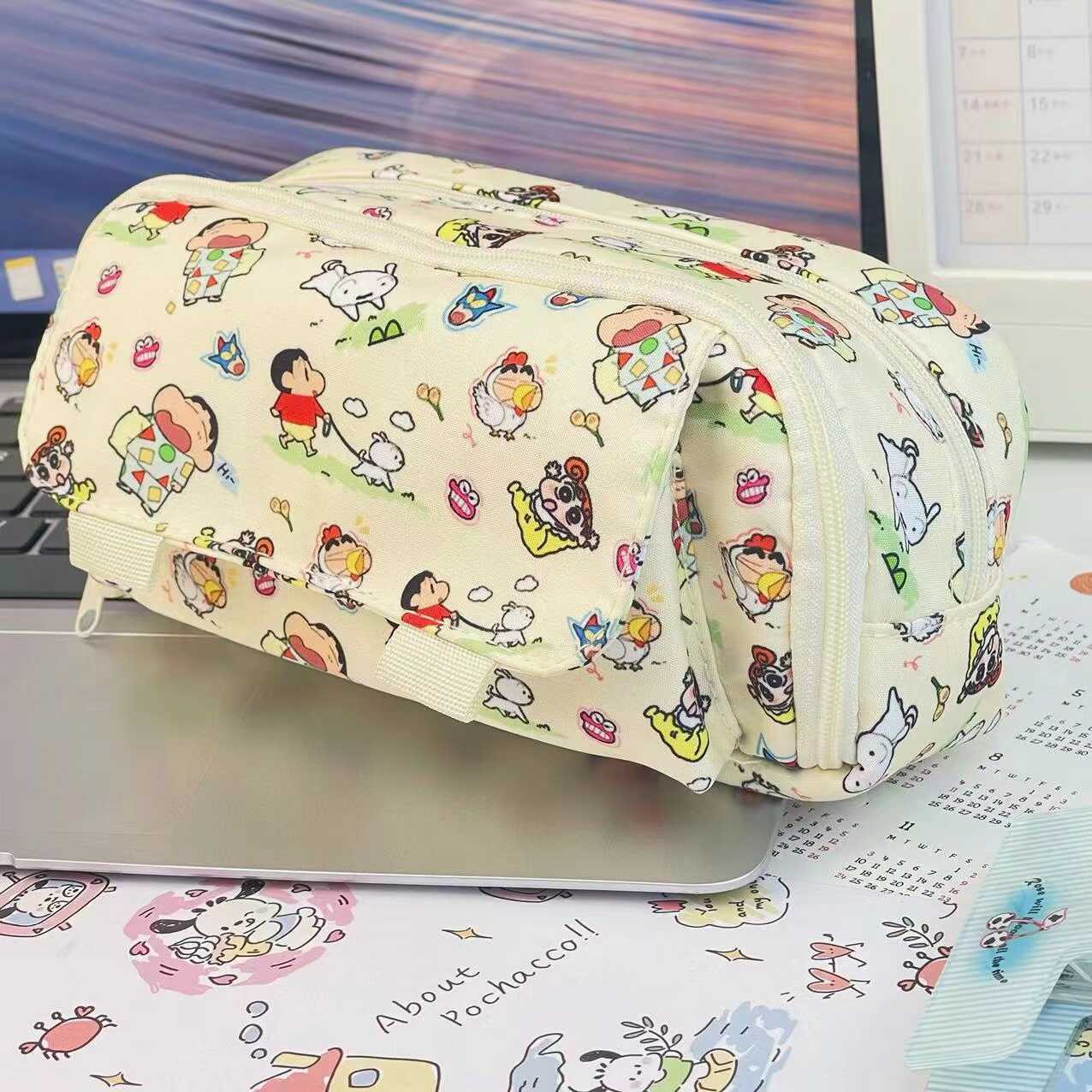 Insかわいいクレヨンしんちゃん多層カバー筆袋学生高颜値少女心プリント大容量文房具袋