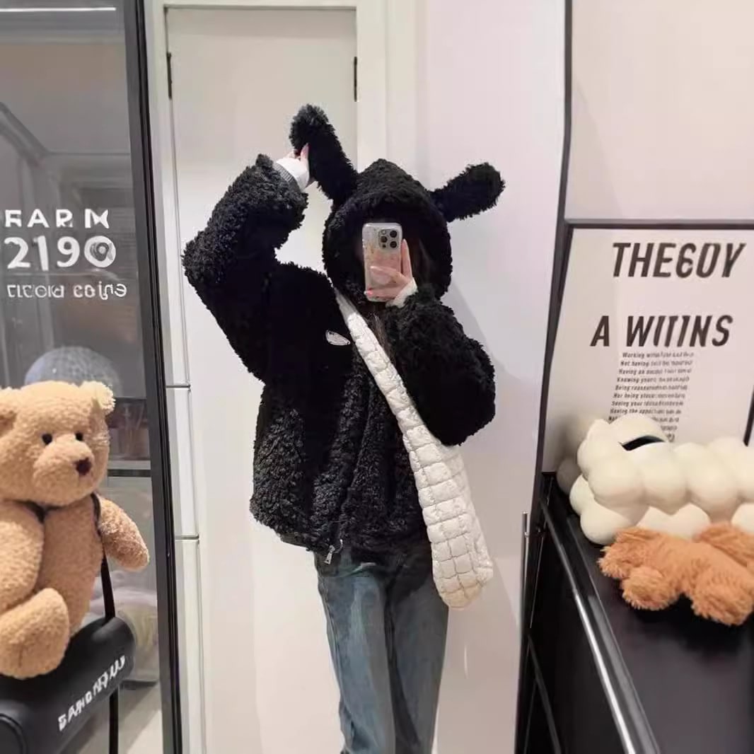 2024 新しいかわいいルーズ厚いトップウサギの耳ぬいぐるみフード付きイミテーションファーファージャケット女性冬 5,917円