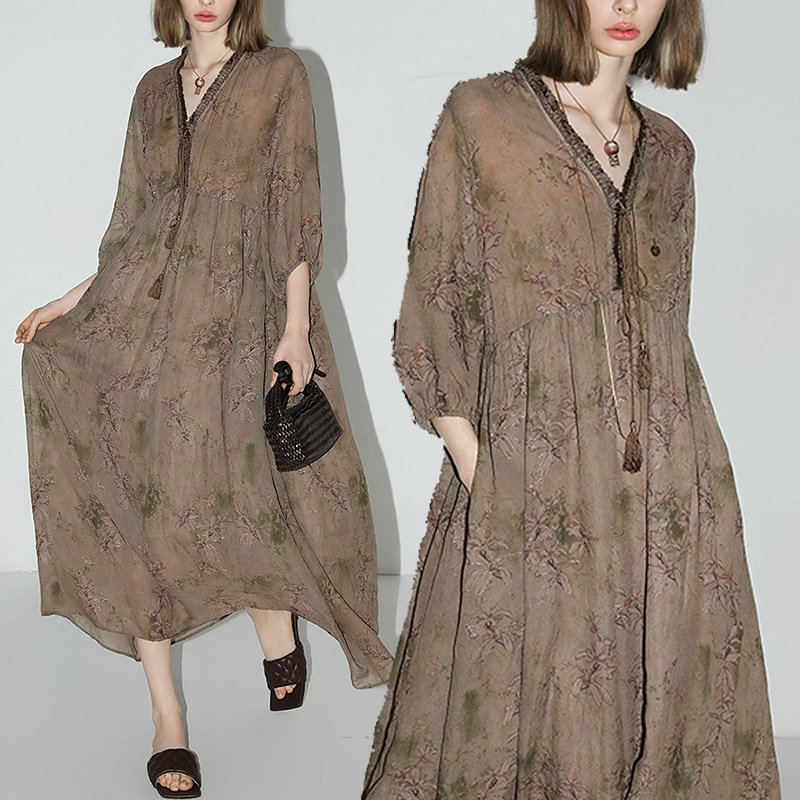 エレガント ロングワンピース シフォン 膝下丈 フレア Aライン Vネック 七分袖 大きいサイズ 体型カバー 可愛い 20代 30代 40代　24615