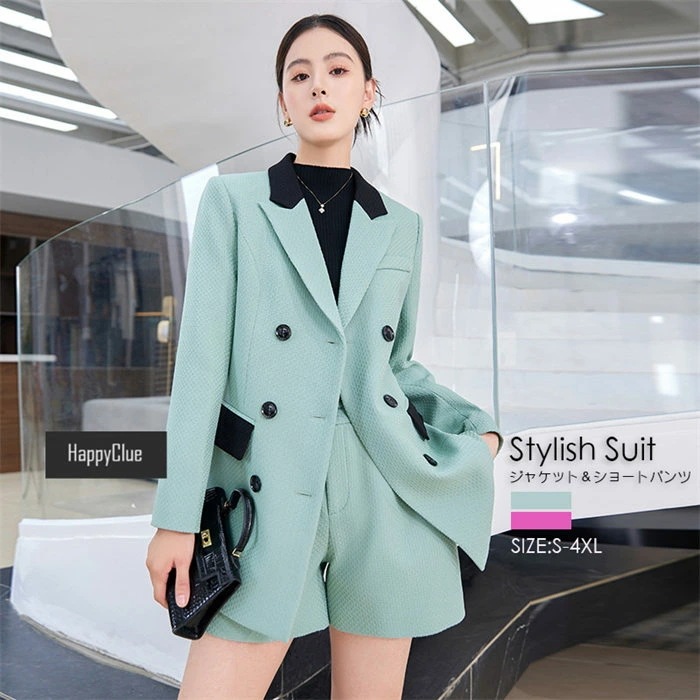 セットアップ おしゃれ 春秋 レディース カジュアルスーツ パンツスーツ 通勤 OL女性 オフィス 上品 エレガント フォーマル 長袖 ジャケット＆ショートパンツ 2点セット 上下セット お呼ばれ 謝