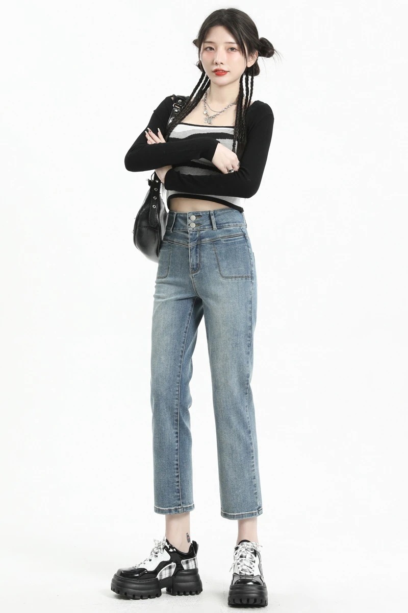 ストレートジーンズ女性春春冬春新作アメリカ狭いバージョンハイウlエスト薄い8小さな淡い色