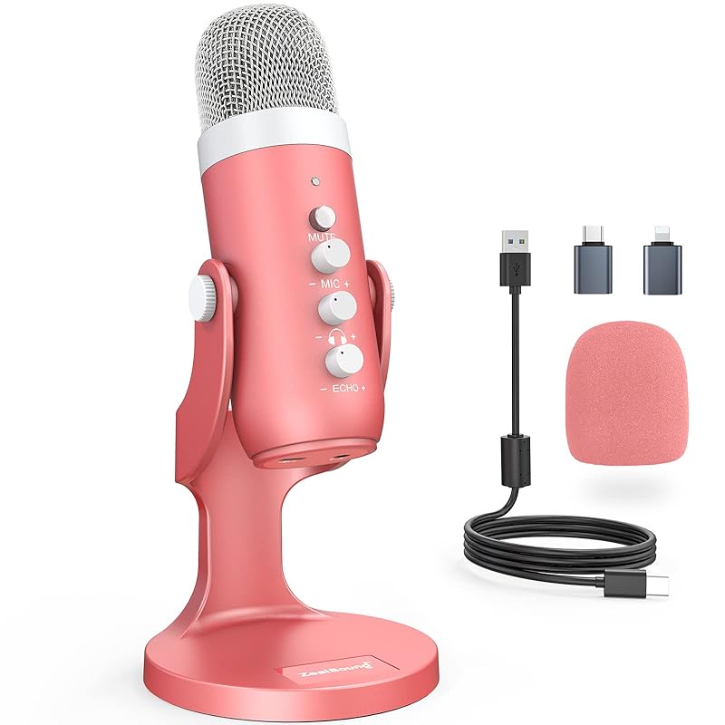 ZealSound ASMRマイク 配信用マイク コンデンサー マイク For i*Phone エコー機能付き 録音 ゲーム実況 ライブ配信 Skype Discord Zoom PC Windows