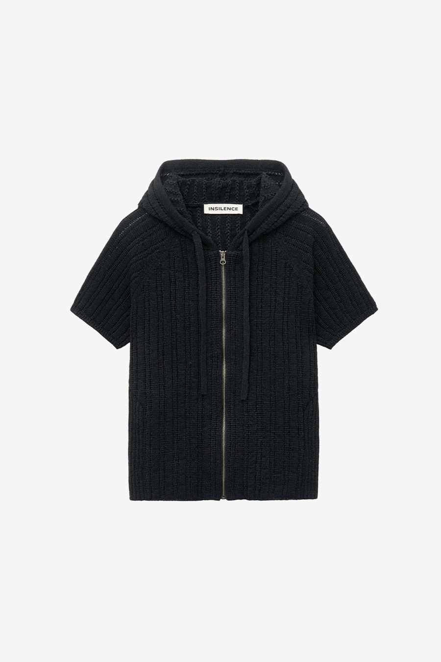 【INSILENCE】 HALF SLEEVE HOODED ZIP-UP KNIT : BLACK