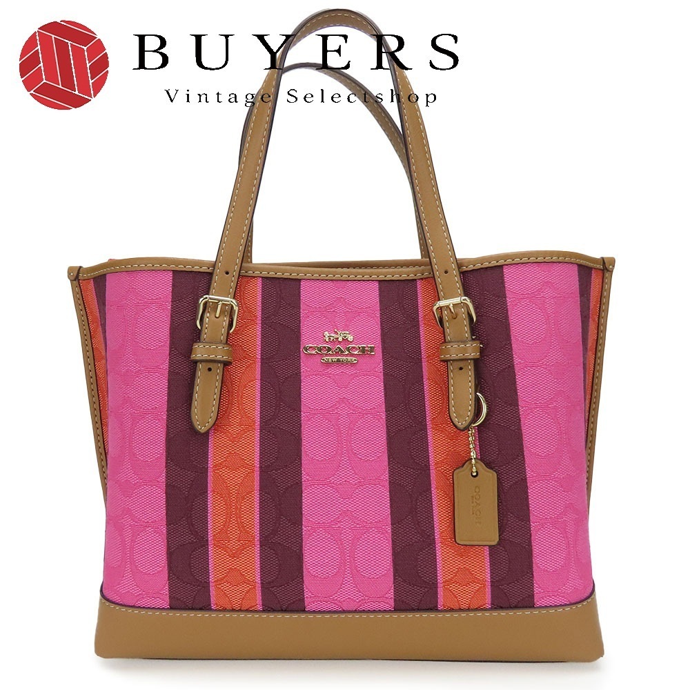 中古 トートバッグ C4086 シグネチャー キャンバス レザー マルチカラー モカ ピンク ゴールド金具 2WAYショルダー カジュアル ボーダー レディース 女性 16,940円