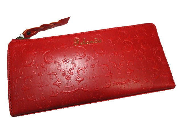 半額 新品 財布 レディース 長財布 L字ラウンド フェランド ブランド 薄型 本革 牛革 ダマスク柄の落ち着いたデザイン レッド SALE 50%OFF