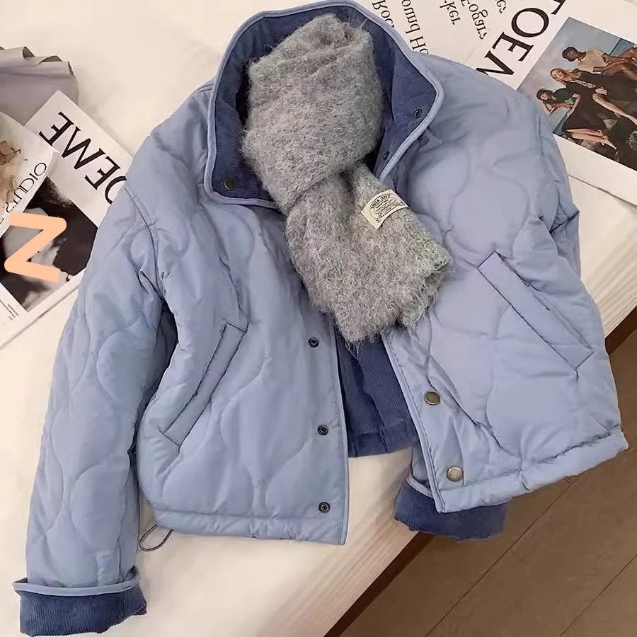 レディース 韓国風 マイナールック ブルーコーデュロイ リバーシブルカラー 中綿入りコート ゆったりフィット 保暖 減齢デザイン 秋冬 トレンドアウター