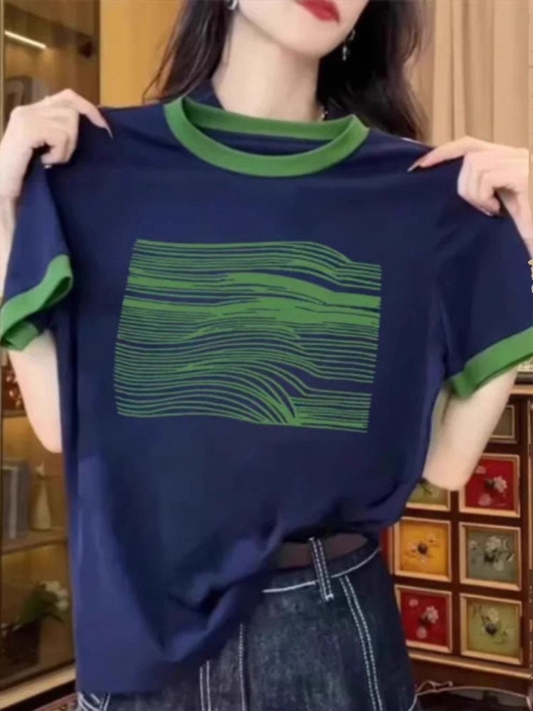 ぽっちゃりさん向け大きいサイズの夏用トップスコントラストカラーの半袖スリムTシャツ