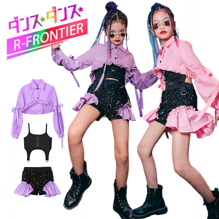 【短納期】k-pop ダンス衣装 キッズ スパンコール セットアップ 女の子 へそ出し トップス きらきら タンクトップ 長袖 ショートパンツ ヒップホップ 韓国 ジャズダンス チアガール 3点セット