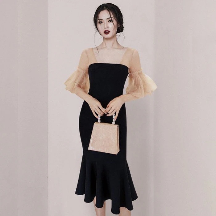 パーティードレス韓国結婚式二次会謝会ワンピースお呼ばれ膝丈ブラック黒個性的おしゃれタイトパーティプチプラ激安かわいい203040S/M/L人気海外袖ありマーメイドボディコン膝下