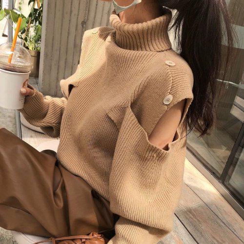 ニット レディース 秋冬新作 カットスリーブ ルーズ タートルネック ハイネック 韓国 ファッション 秋 冬 トップス 個性的 大人カジュアル お洒落 可愛い 暖かい お出かけ デイリー 通勤 大人女