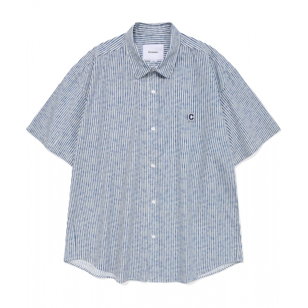 COVERNAT ドローイングストライプハーフシャツブルー