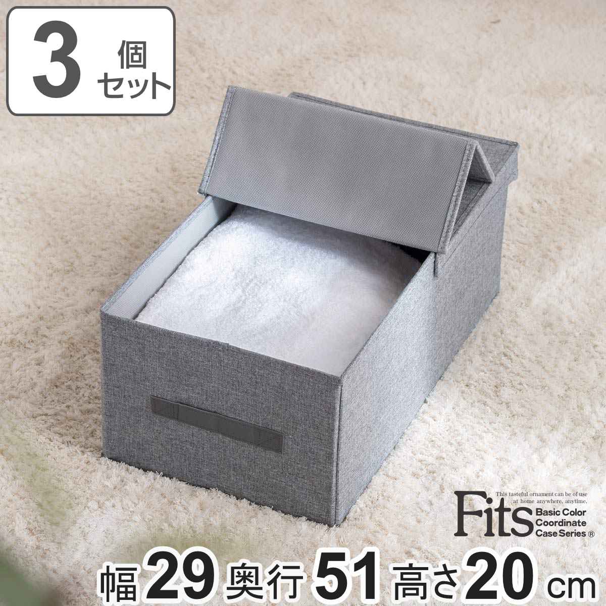 収納ボックス S 3個セット ハーフオープン フィッツファブリック 幅29x奥行51x高さ20cm 収納ケース 衣装ケース 取っ手付き クローゼット 収納 Fits 天馬 フィッツ フタ付き