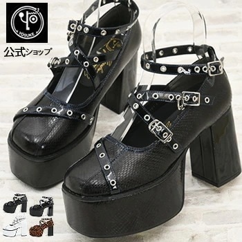 ヨースケ 厚底パンプス スタッズストラップ レディース スクエアトゥ 約10cm チャンキーヒール 靴 公式SHOP特典キズ補修液付
