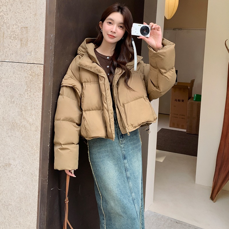 フード付きショートダウンジャケット2024新しい韓国スタイルルーズブレッドジャケット厚みのあるホワイトダックダウンジャケット
