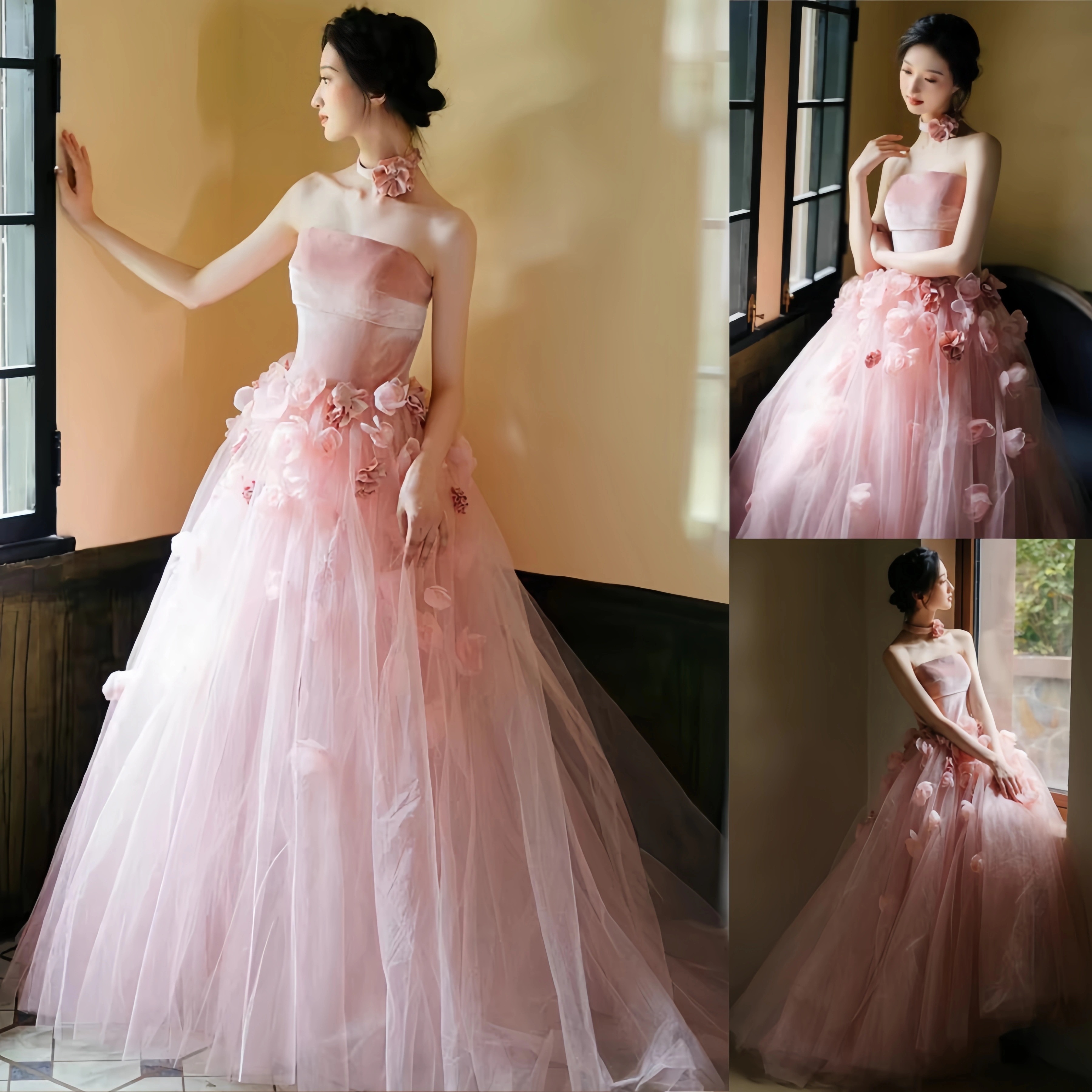 ウェディングドレス スレンダー ピンク パーティードレス花嫁 ドレス エンパイアドレス 披露宴 二次会 前撮り ワンピース ドレス　フォトウエディング ロングドレス 立体花