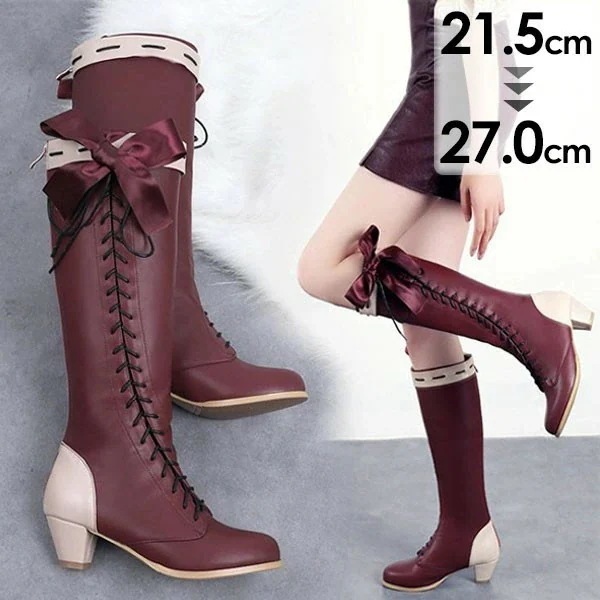 ロングブーツ ロリータブーツ リボン 編み上げ コスプレ用 レディース レースアップ 太め チャンキーヒール ヒール4センチ 美脚 シューズ 靴 ワインレッド グレー ブラック かわいい 小さいサイズ 4,708円
