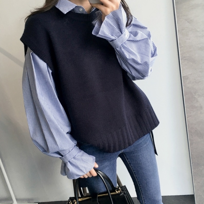 セットアップ レディース 送料無料 ワイシャツ ベスト ツーピース レースアップ キャンディスリーブ ストライプ フリルシャツ セットアップ レイヤードスタイル おしゃれ スタイル 小顔見せ 着痩せ