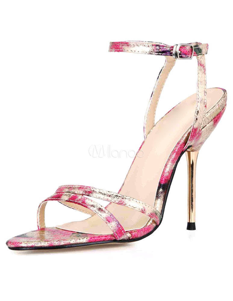 女性のための多色サンダルプリントストラップPUハイヒール