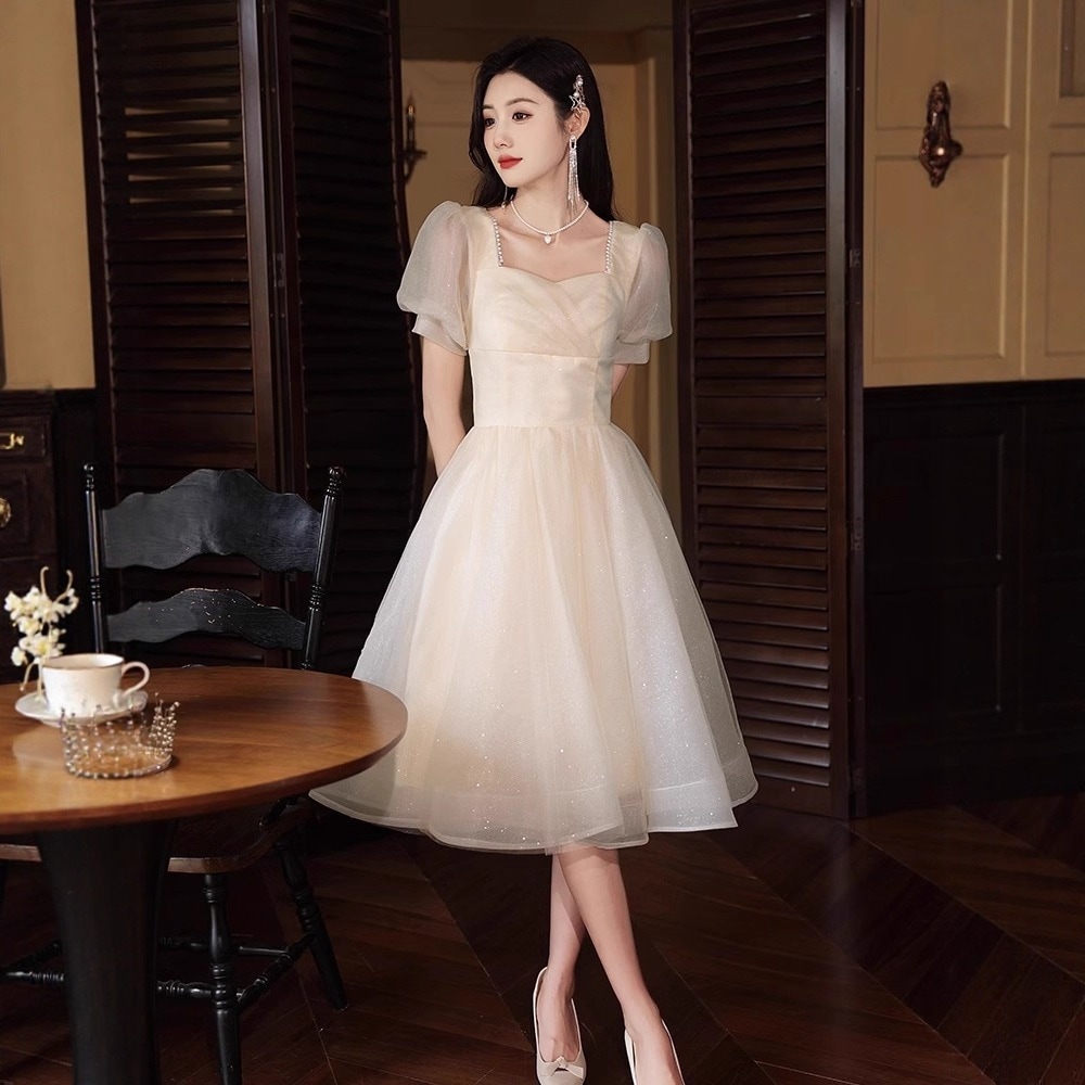 コンサート 公式の場です 三七節です 卒業式 宴会イブニングドレスドレス女性シャンパンミッドレングスニッチホストドレス小さなドレス
