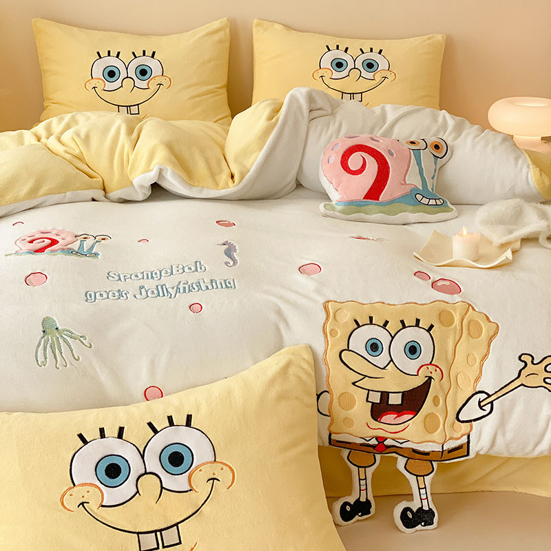 漫画スポンジボブミルクベルベット刺繍4点セット子供両面ベルベット布団カバー寮シーツ3点セット