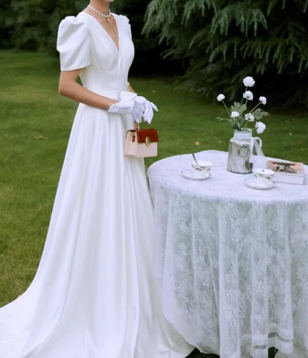 クラシカル ウェディングドレス 光沢サテン Vネックドレス 姫袖 大人っぽい 前撮り