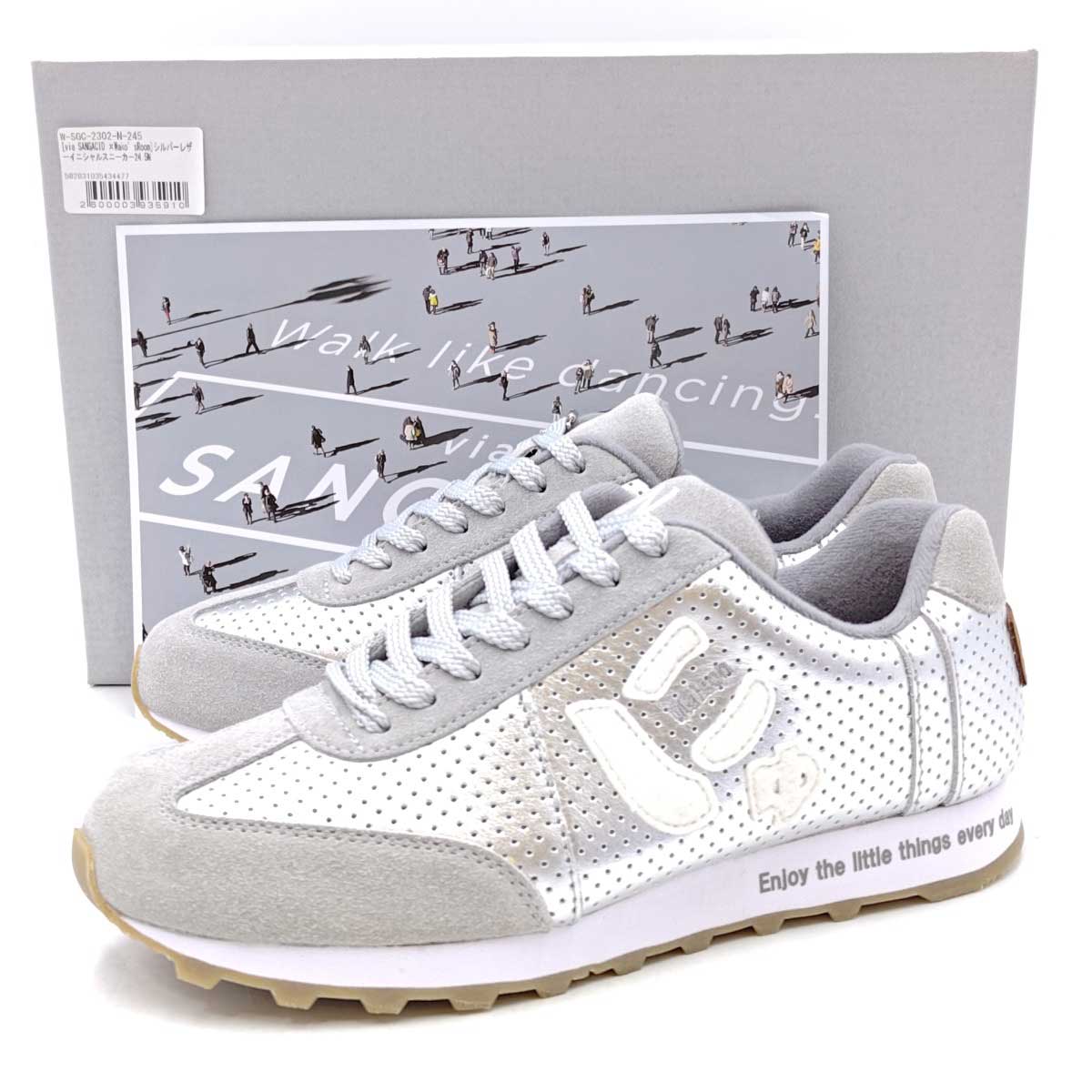 【中古・未使用品】SANGACIO サンガッチョ Wakos room イニシャルスニーカー にゅーず レザー 24.5cm シルバー W-SGC-2302-N レディース