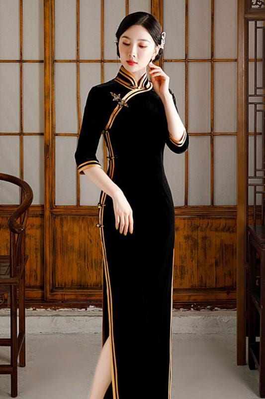 チャイナドレス レディース パーティー イベント フォーマル お呼ばれ コスプレ きいサイズ ベルベット 七分袖 レトロ シンプル ブラック ワインレッド スリット ワンピース スカート スリムフィッ