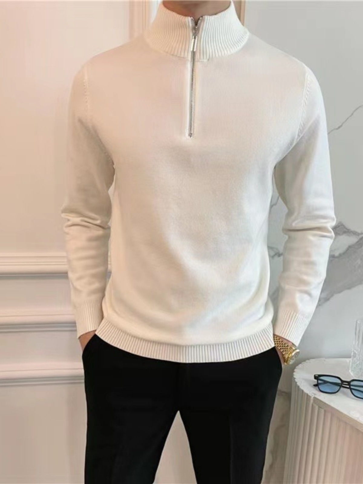 ハーフジップセーター トップス メンズ ジャケット 英国メンズ スタンドカラー スリムセーター カジュアル 3点セット