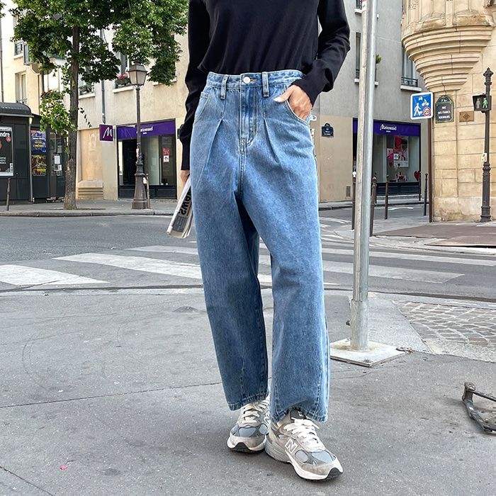 [韓国ファッション] 여성용 빅사이즈 핀턱 밑단다트 벌룬 청바지