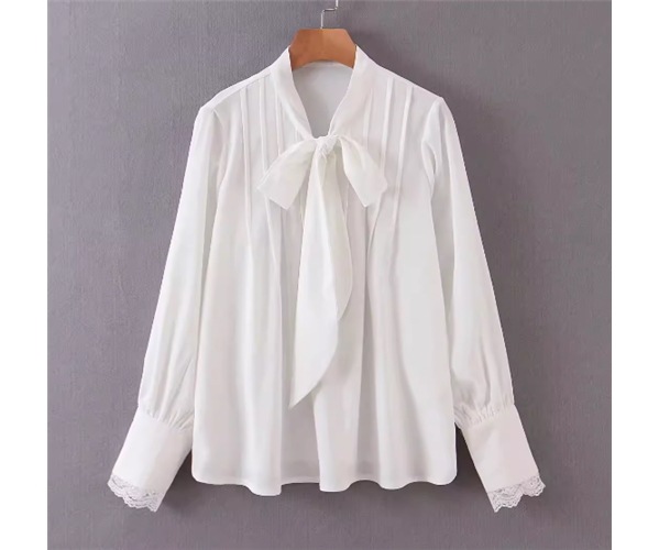 レディース トップス シャツ ブラウス ミドル丈 長袖 Vネック りぼんタイ ドッキング フェミニン レース シフォン 異国風 かわいい 大人可愛い きれいめ シンプル 上品 おしゃれ レトロ