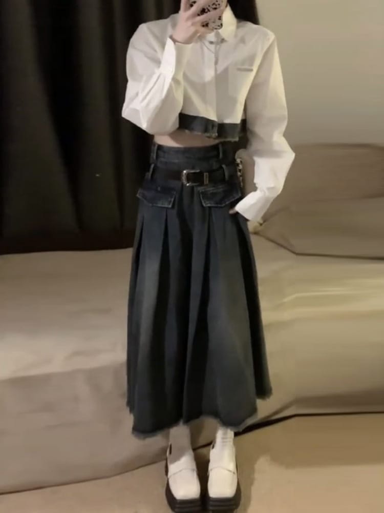 ホットガール秋ツーピースセット：パッチワークシャツ半袖トップスハイウエストスリミングデニムスカート