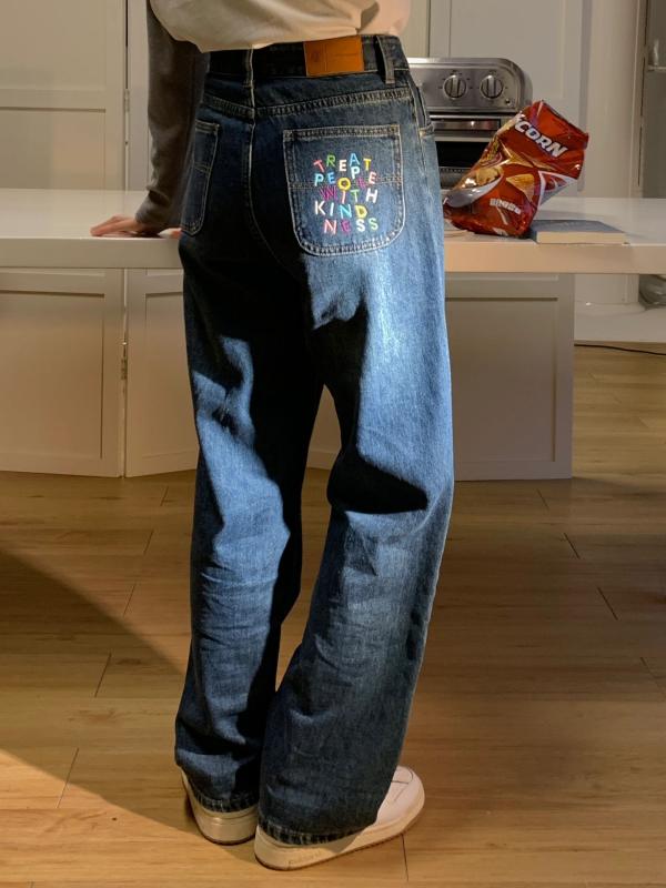 デニムパンツ レディース ジーンズ レトロ 刺繍 ストレート 大きめ サイズ 秋 ハイウエスト ワイド ネイビー